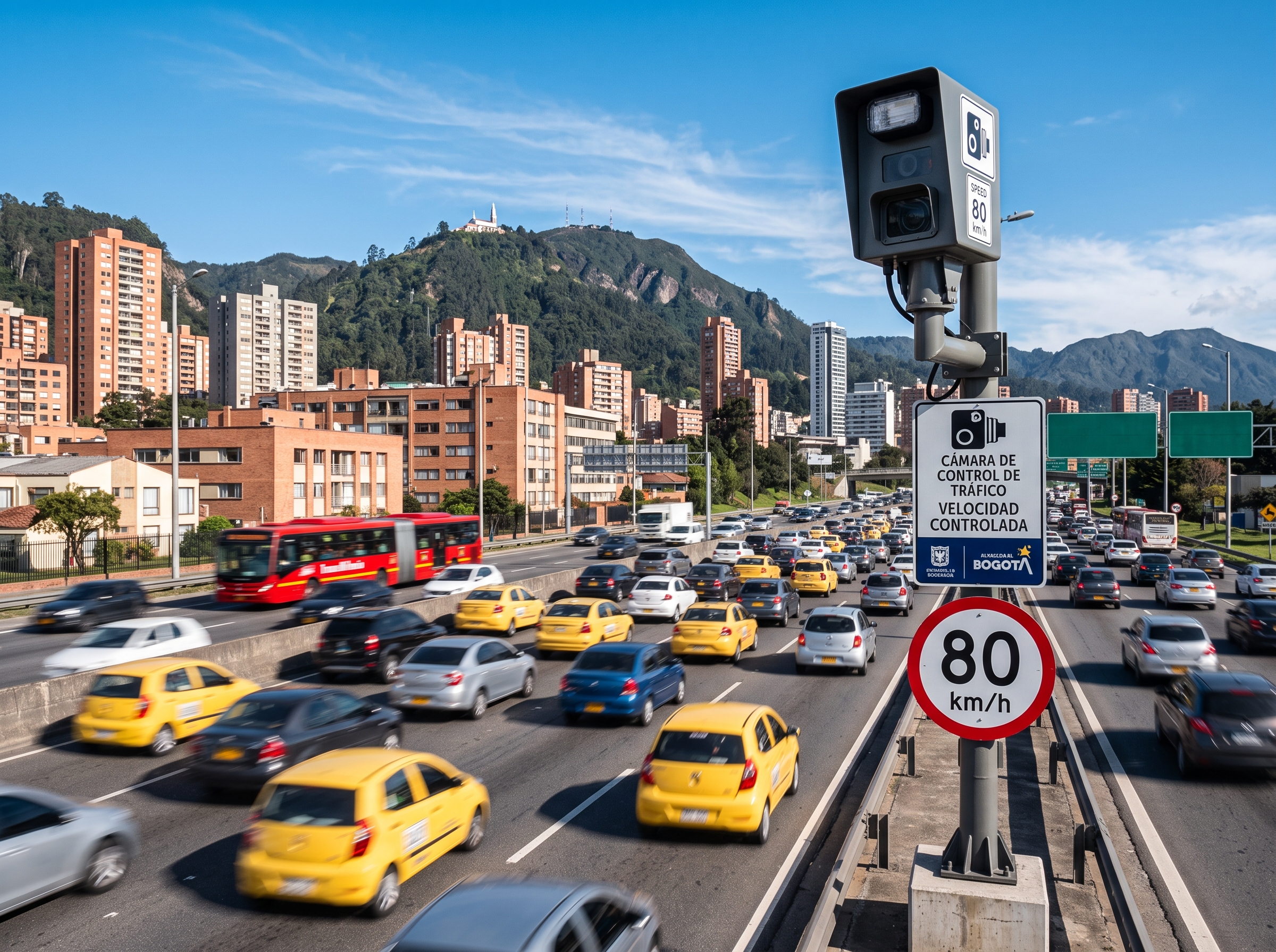 Cámara de velocidad generando un reporte para aplicar al descuento fotomultas Bogotá 2026